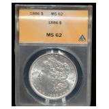 1886 Morgan Silver Dollar Graded ANACS MS 62