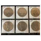Six Brilliant Uncirculated Peace Silver Dollars