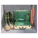 Fishing Gear With Tackle Box, Boots, and Arrows
