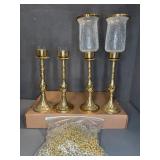Brass Candlesticks with Glass Shades and Beads