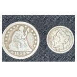 1854 Silver Quarter and 1865 Three-Cent Coin
