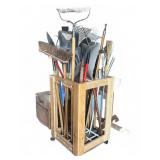Garden Tool Lot with Wooden Caddy