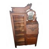 Carved Oak Secretary Desk with Bookcase