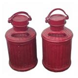 Pair Red Metal Milk Churns with Handles