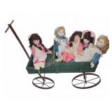 Porcelain Dolls with Wooden Wagon Set