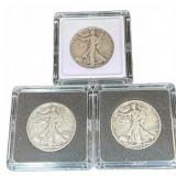 Three Walking Liberty Half Dollars 1937-D, 1940,