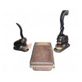 Cast Iron Seal Presses and Wooden Box Trio