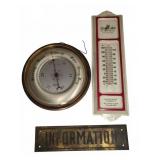 Vintage Barometer, Thermometer & Sign Trio