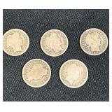 Five US Barber Silver Dimes 1906-1913