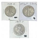 Three Walking Liberty Half Dollars
