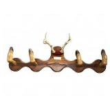 Wood Wall Rack with Deer Hoof and Antler Mounts,