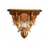 Carved Wood Wall Shelf with Stag Head Detail