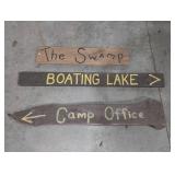 Three Painted Wood Camp Signs