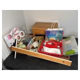Wood Sewing Box and Mixed Sewing Supplies