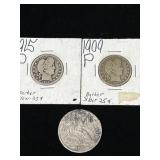 (2) Seated Quarters and (1) Seated Half Dollar