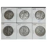 6 Walking Liberty Half Dollars, 1942 - 1944