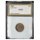 1863  Indian Head Cent, AU55 (PCI)