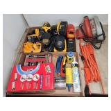 DeWalt 18V drill, Milwaukee saw, chargers, tools