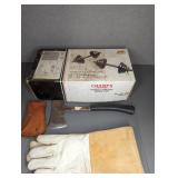 Dumbbell Set, Hatchet with Sheath, and Gloves