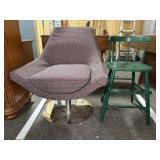 Upholstered Swivel Chair and Green Wooden Chair