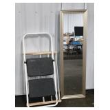 Metal Step Stool and Framed Wall Mirror