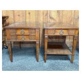 Pair Heritage End Tables Wood Brass Pulls