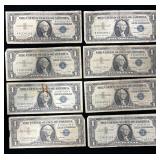 8 US One Dollar Silver Certificates