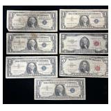 U.S. Silver and Red Seal Notes, $1-$5, 7pcs