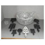 Pressed Glass Punch Bowl Set and Cast Iron Trivets