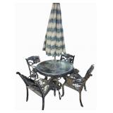 Cast Iron Patio Table & 4 Chairs Set w/ Umbrella