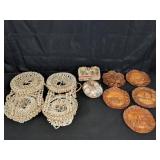 Shell crafts, carved wall plates, keepsake boxes