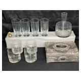 Etched Glass Bar Set and Ornate Jewelry Box