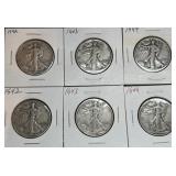 Six Walking Liberty Half Dollars