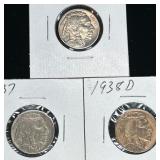 (3) Buffalo Nickels: 1936, 1937, 1938D,