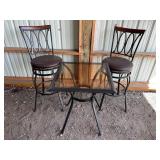 Metal Bar Table with Glass Top and Two Stools