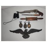Lot: knives, decorative eagle, bottle openers