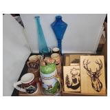 Steins, blue glass vases, Andrew Day Wood Burning
