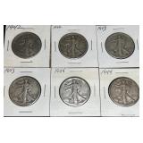 1942-43-44 Walking Liberty Half Dollars, 6 Total
