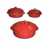 3 Red Speckled Ceramic Covered Casseroles