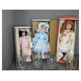Porcelain Dolls and Disney Glass Tumblers Set