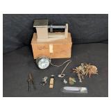 Vintage scale, headlamp, keys, tools lot