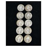 1932 - 1937 Silver Washington Quarters (10 total)