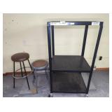 Metal Utility Cart & Two Round Stools