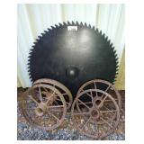 Large Saw Blade and Four Cast Iron Wheels
