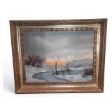 Framed Winter Landscape Oil Painting