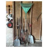 Garden Tools Including Shovels and Rakes