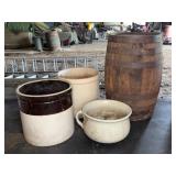 Stoneware Crocks and Wooden Barrel