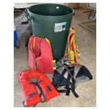 Life Jackets and Plastic Trash Can