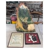Signed Elk Painting on Wood Slab, 2 Small Plaques