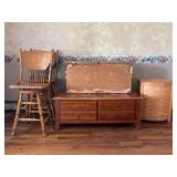 Wooden Barstools, Blanket Chest, Table, Basket